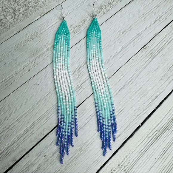 Long Seed Beaded Earrings Native American Themed Beaded Jewelry 6.5" Long Handma - Picture 1 of 7
